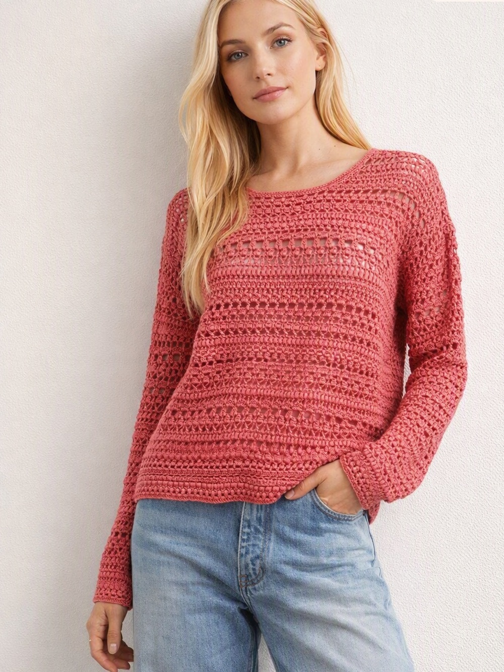 Theory Tala Crochet Sweater L Open Knit Sweater Coral Pink Layering